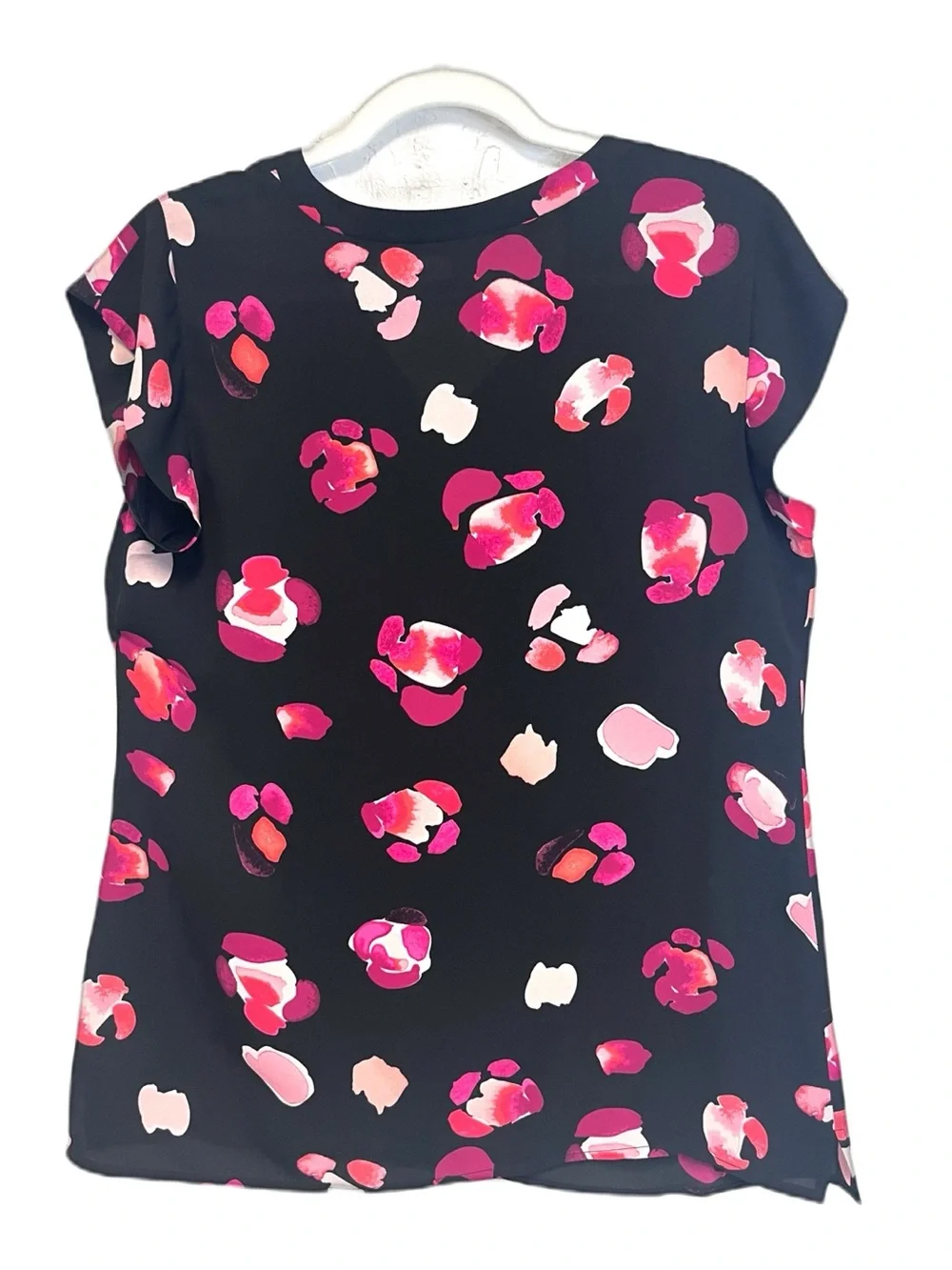 Cabi Black Pink Magenta Watercolor V-Neck Pullover Cap Sleeve Blouse